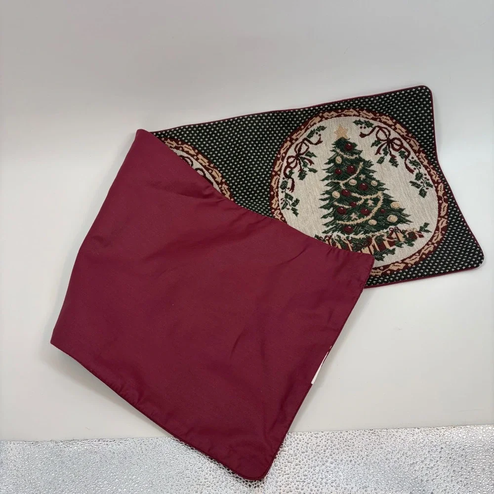 Vintage Style Christmas Tree Woven Tapestry Table Runner Burgundy Green 35in